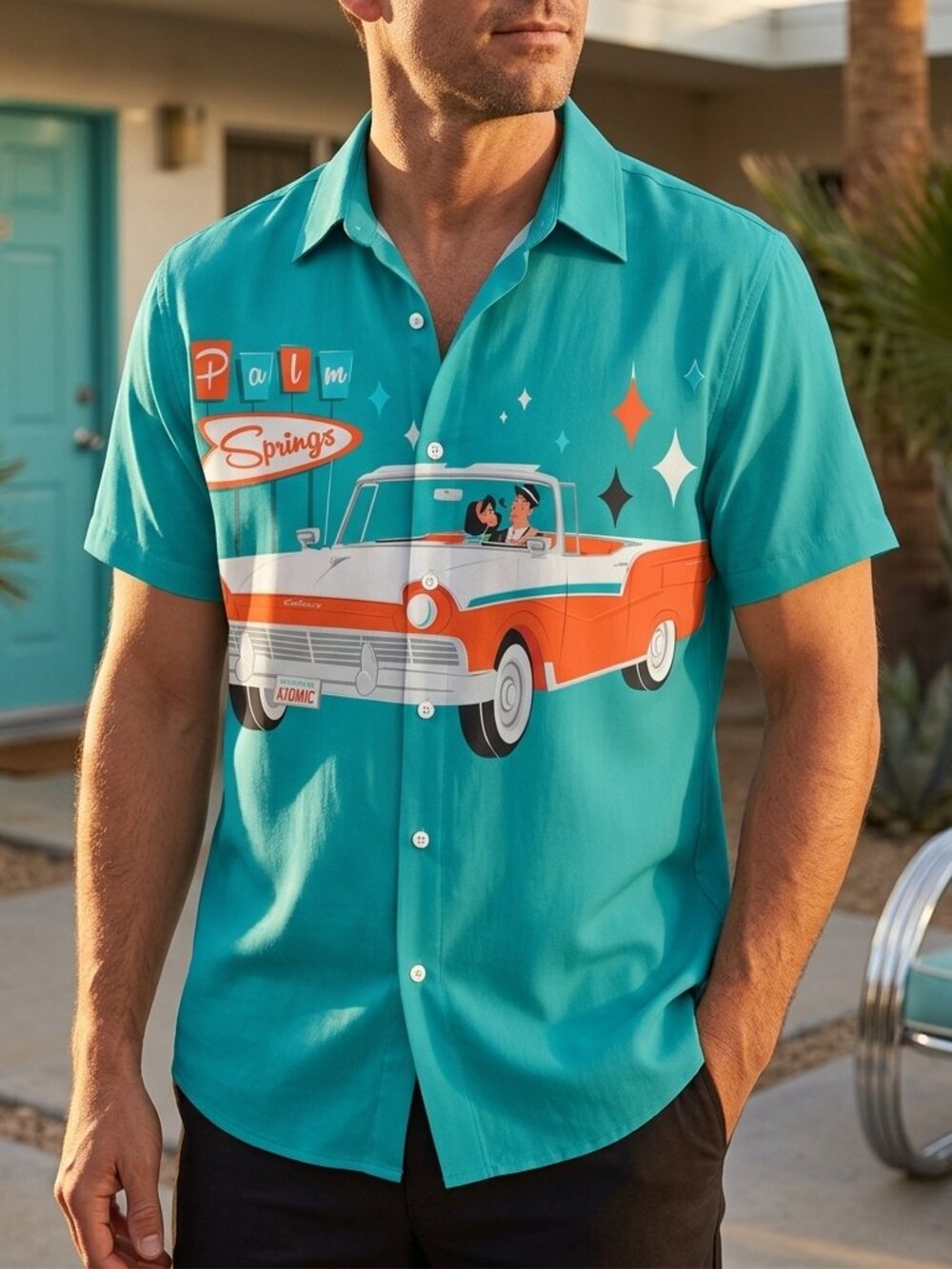 Retro Palm Springs Resort Shirt • Vintage Road‑Trip Print • Unisex Casual Button